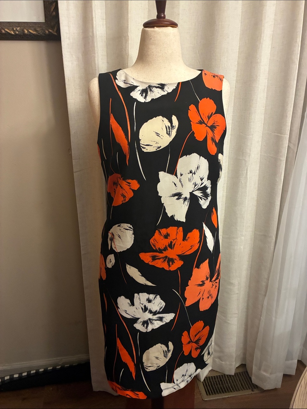 Nipon Boutique Black Mini Dress with Orange and White Floral Print Size 8
